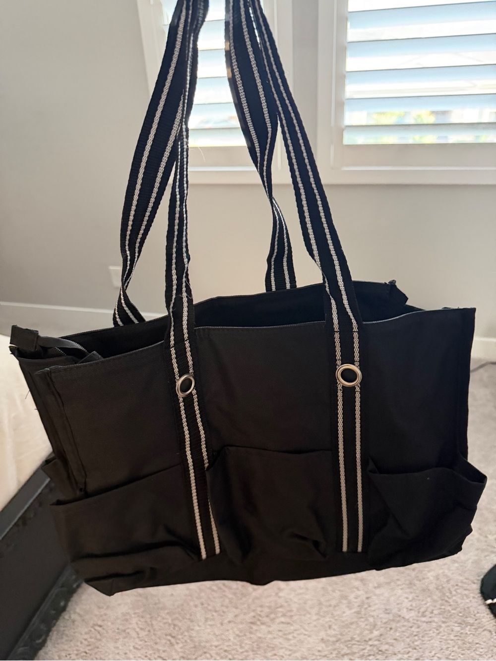 thirty-one Black Tote with Striped Handles